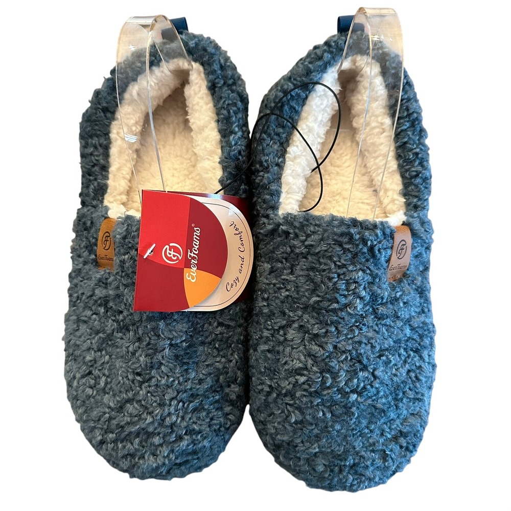 EverFoams Slippers Size 10 Blue Sherpa Fleece Memory Foam Cozy House Shoes